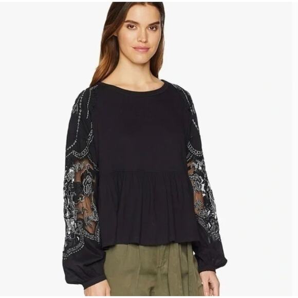 FREE PEOPLE | Black Penny Embroidered Sleeve Boxy Peplum Top | Small - Picture 1 of 8